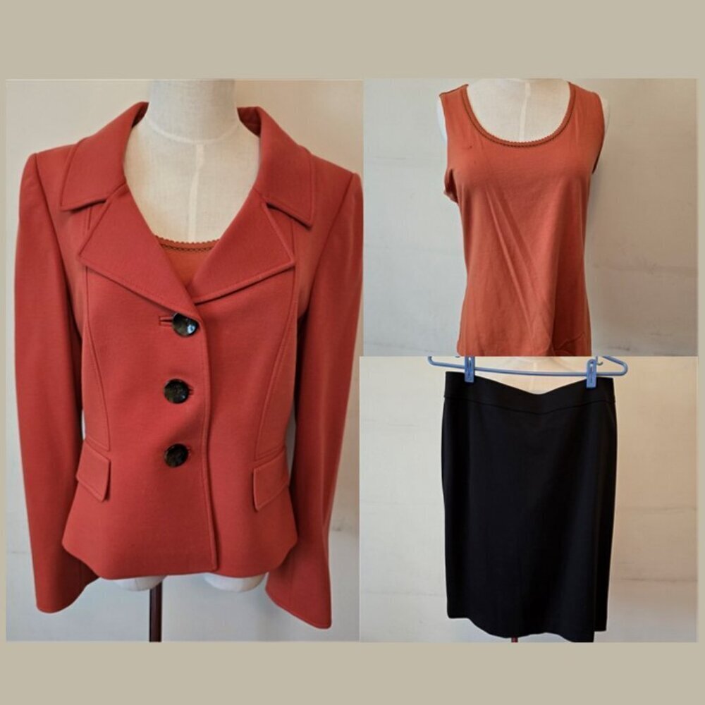 Tahari - Blazer in Burnt Orange, Matching Tank by Tribal, Unbranded Black Skirt